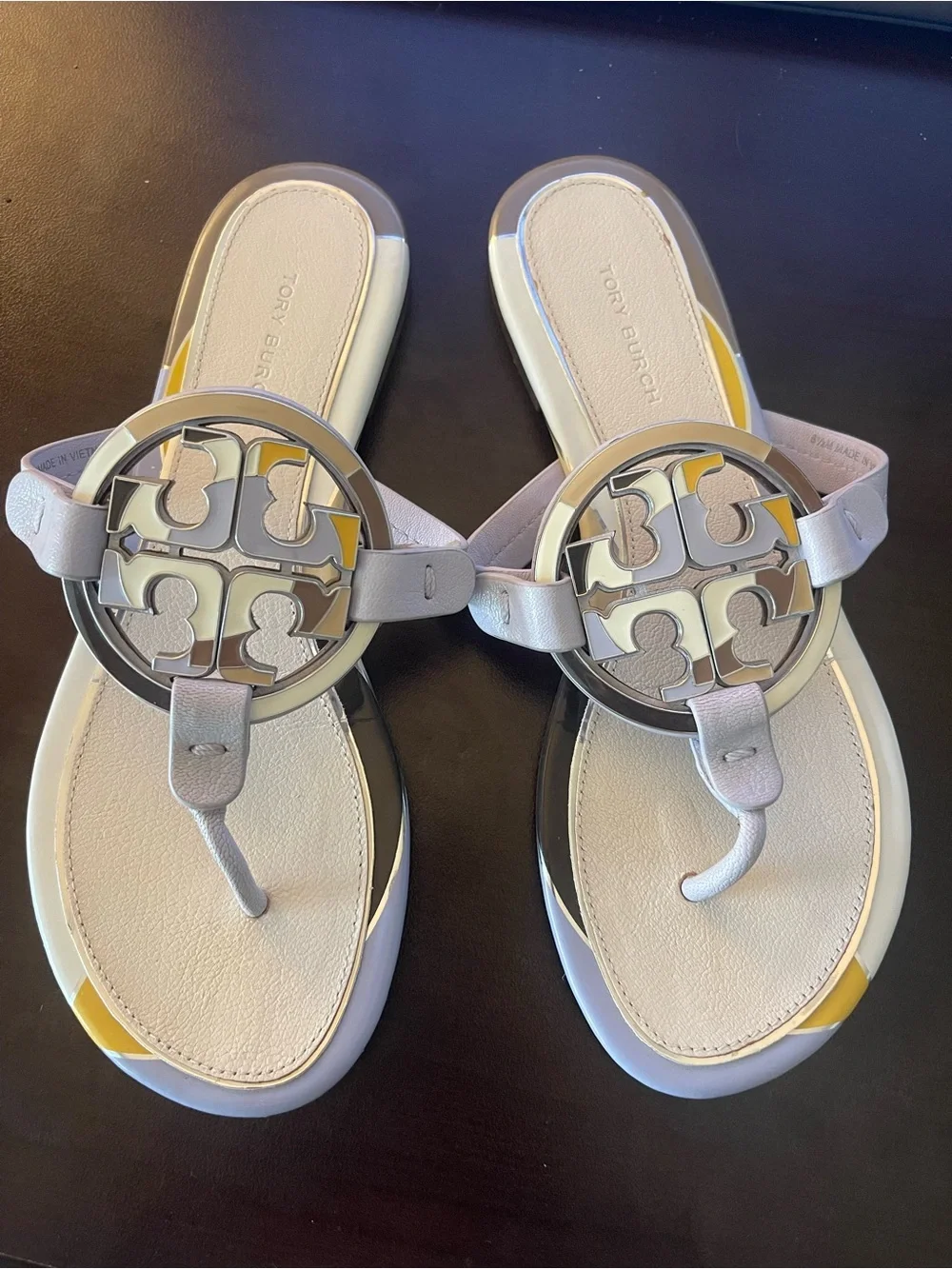 Tory Burch Lavender Leather Logo Thong Sandals with Silver Emblem. Make an offer